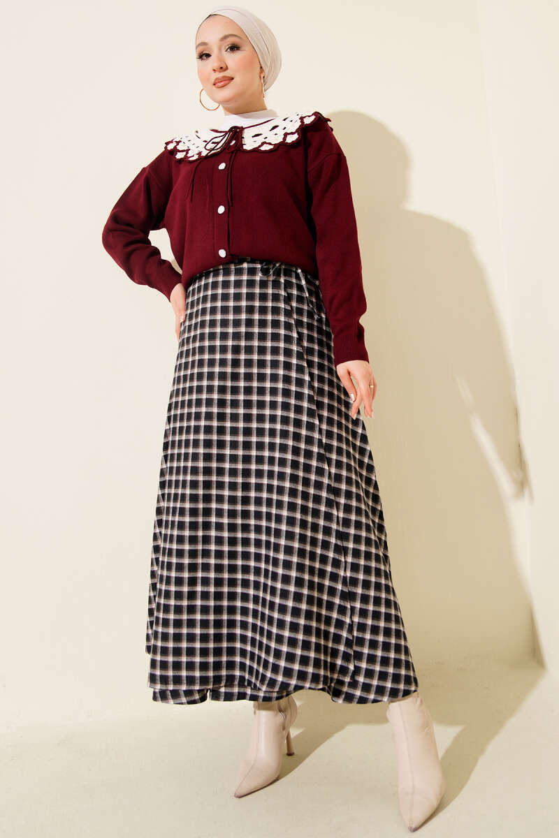 Plaid Skirt with Side Lacing - Navy