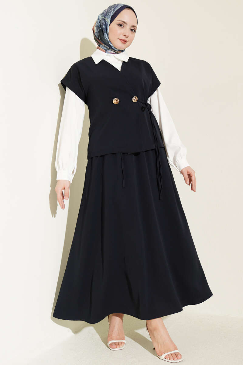 Skirt Two-Piece Set with Side Ties - Navy