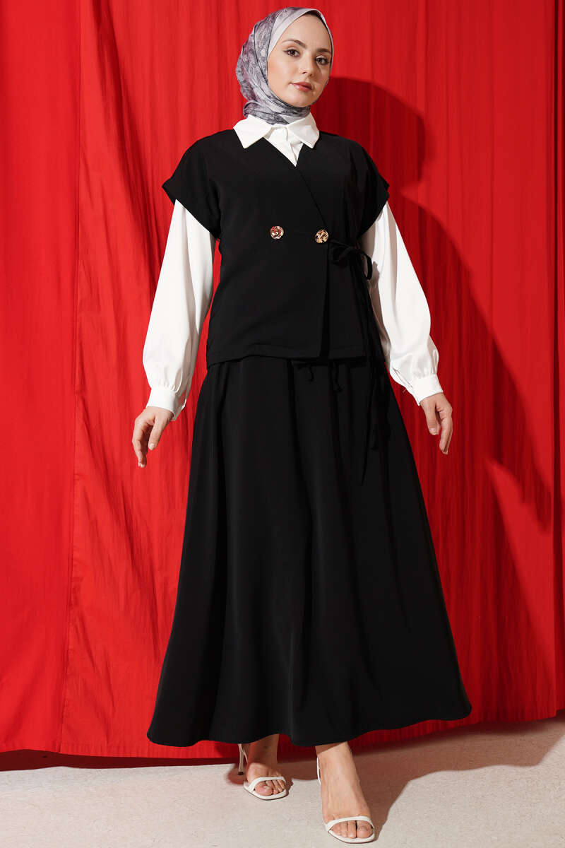 Skirt Two-Piece Set with Side Ties - Black