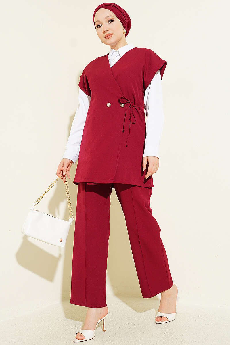 Two-Piece Set with Vest and Side Ties - Burgundy
