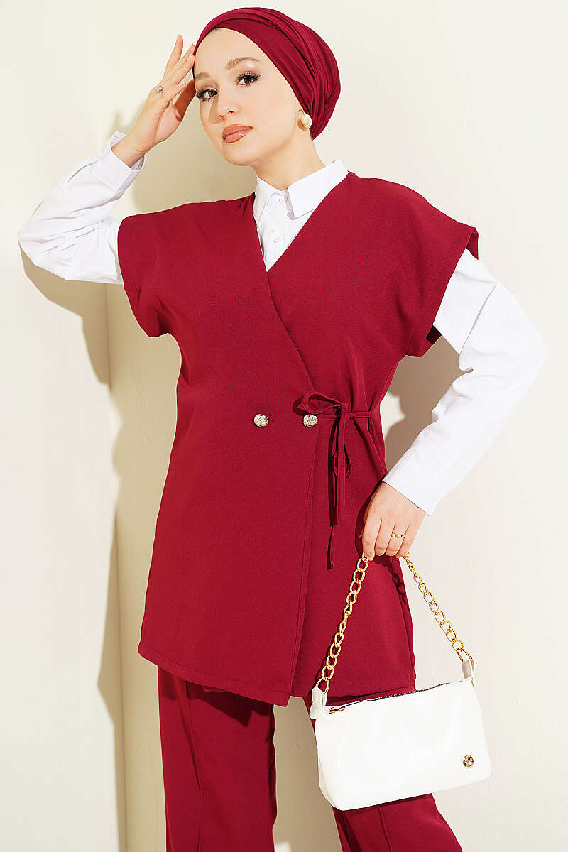 Two-Piece Set with Vest and Side Ties - Burgundy
