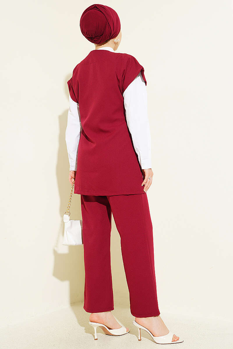 Two-Piece Set with Vest and Side Ties - Burgundy