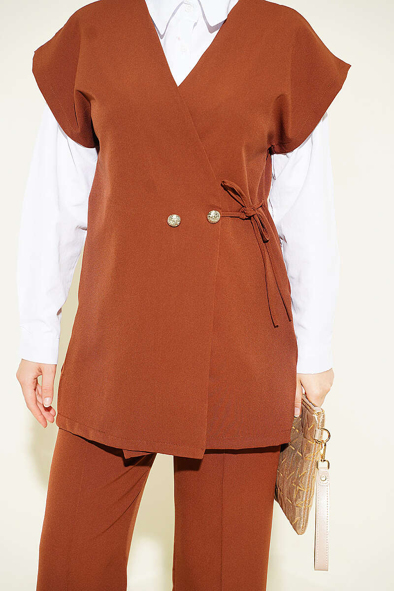 Two-Piece Set with Vest and Side Ties - Brown