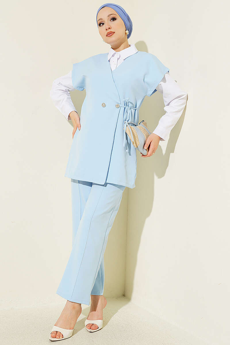 Two-Piece Set with Vest and Side Ties - Blue