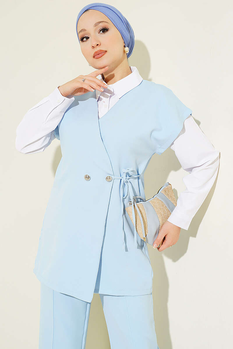 Two-Piece Set with Vest and Side Ties - Blue