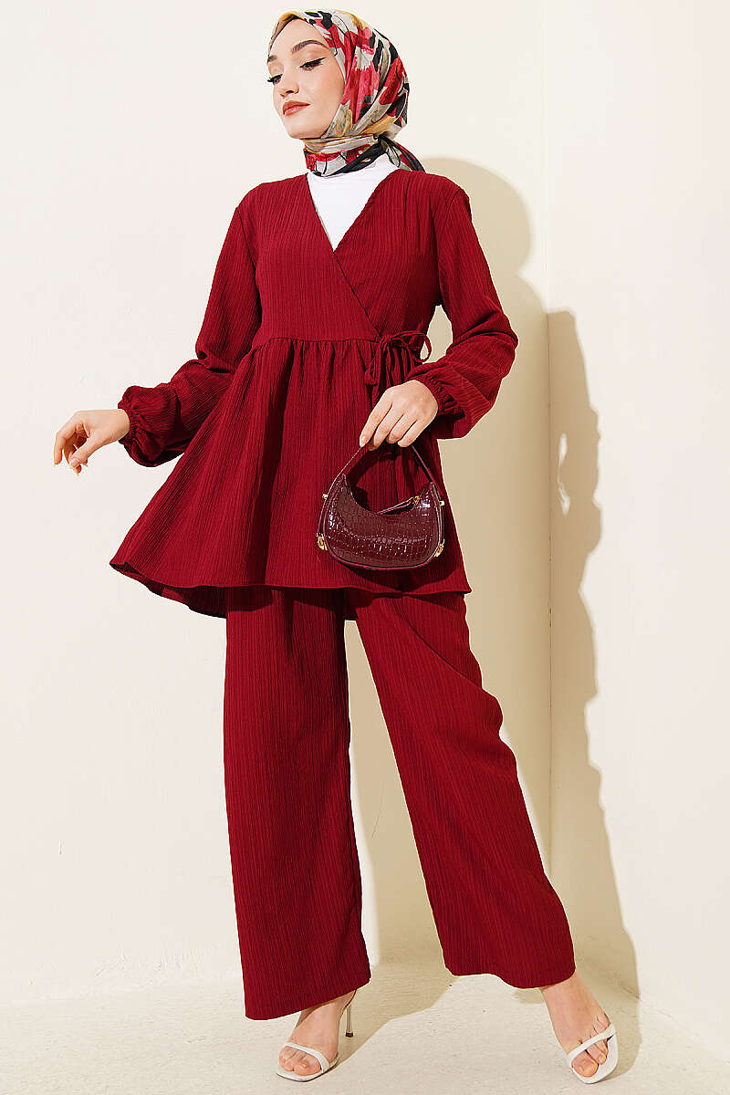 Side-Tie Crinkle Two-Piece Set - Burgundy
