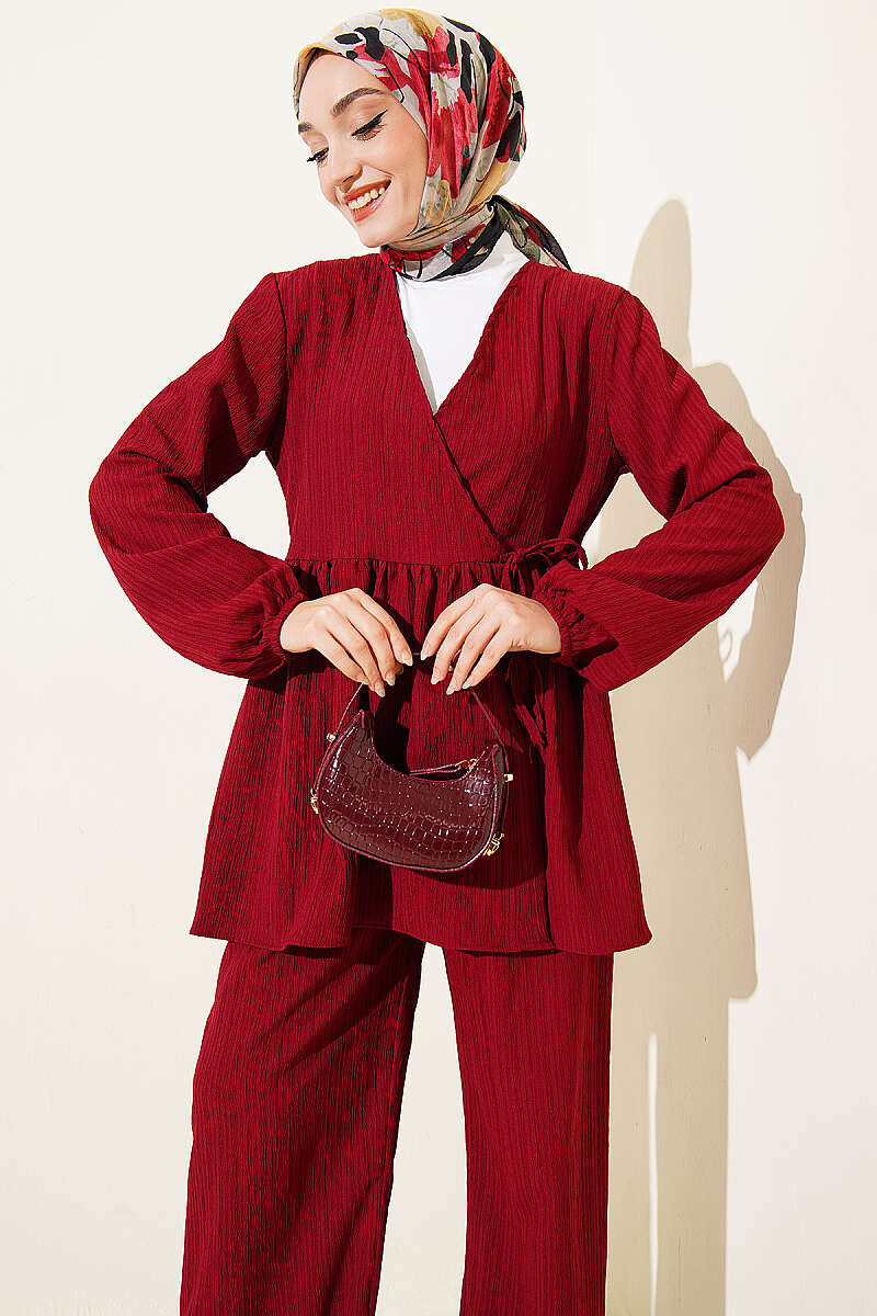 Side-Tie Crinkle Two-Piece Set - Burgundy