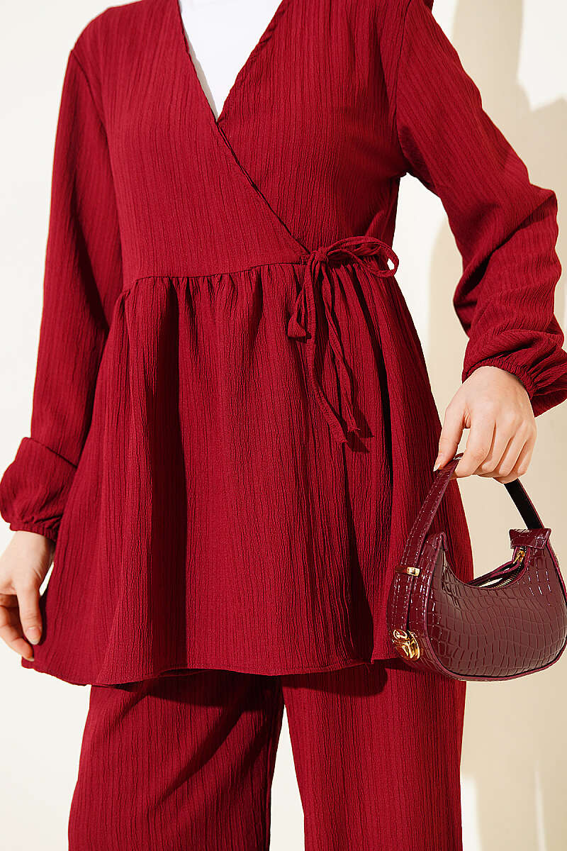 Side-Tie Crinkle Two-Piece Set - Burgundy