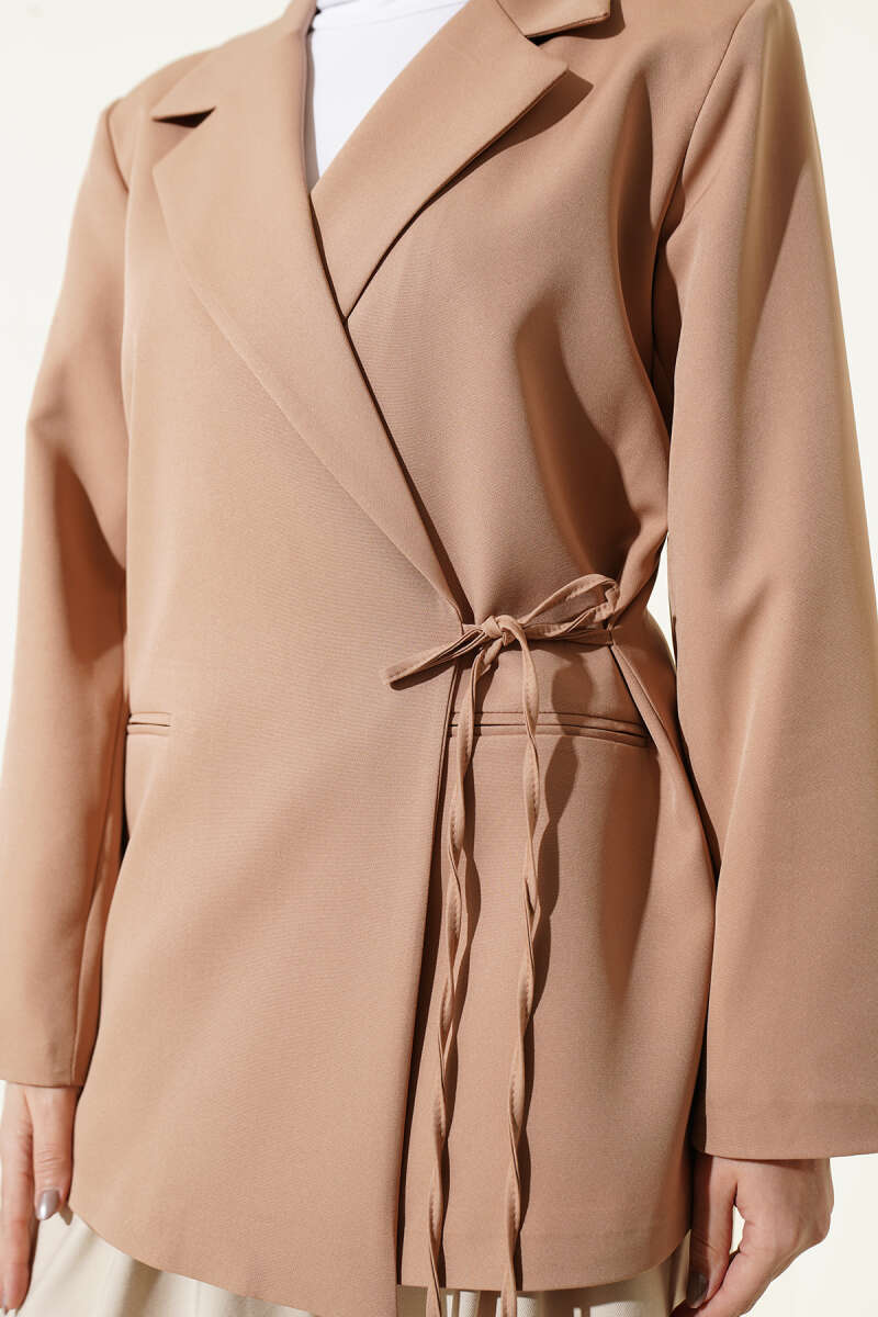 Side-Tie Double-Breasted Blazer - Camel