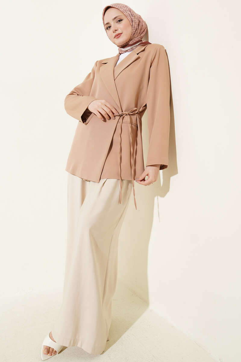 Side-Tie Double-Breasted Blazer - Camel