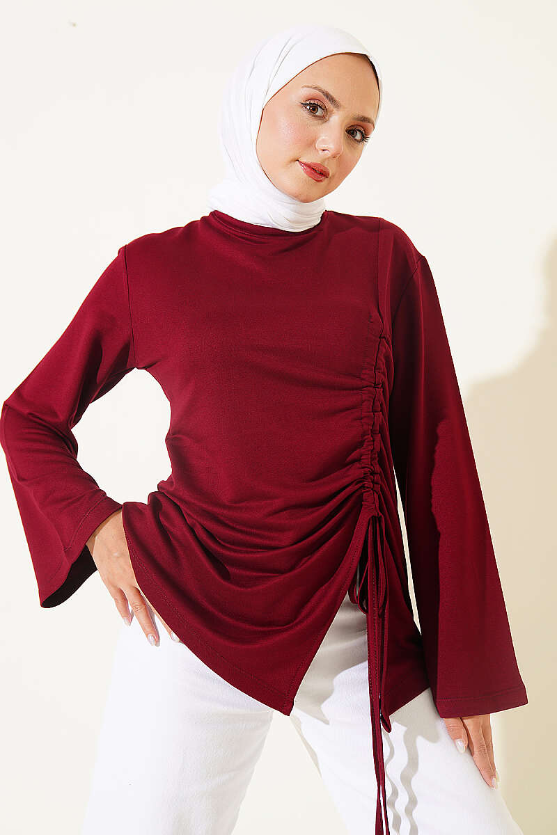Tunic with Side Drawstring - Burgundy