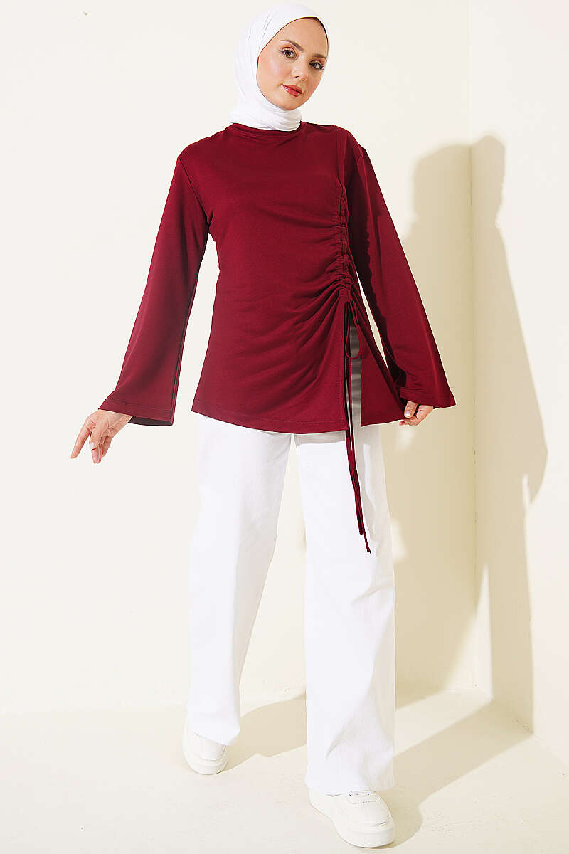 Tunic with Side Drawstring - Burgundy
