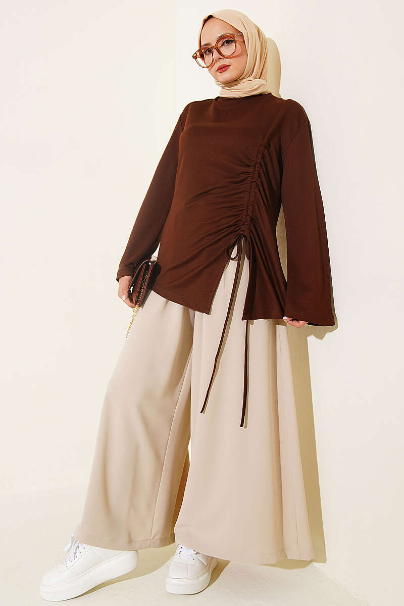 Tunic with Side Drawstring - Brown
