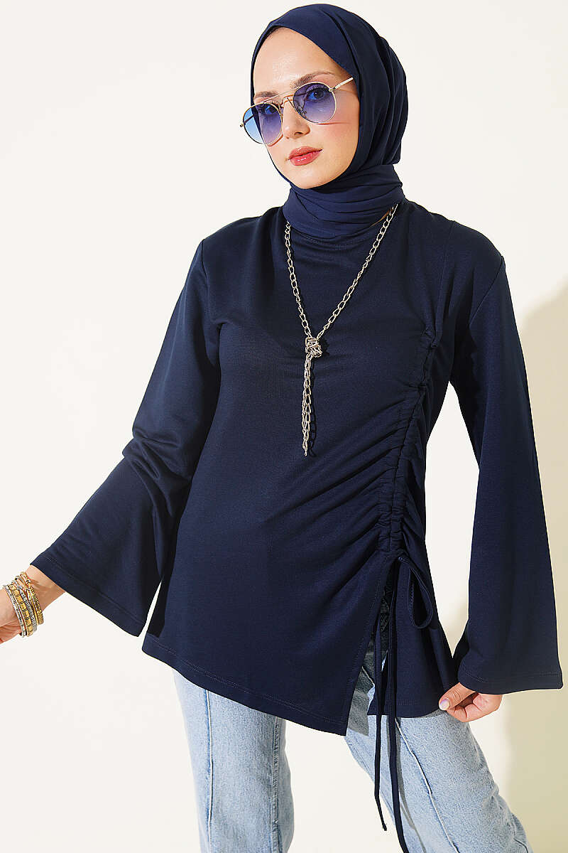 Tunic with Side Drawstring - Navy