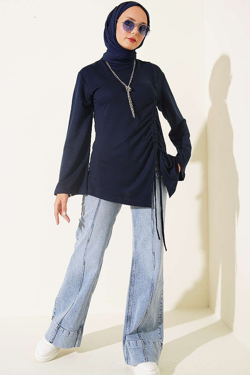 Tunic with Side Drawstring - Navy