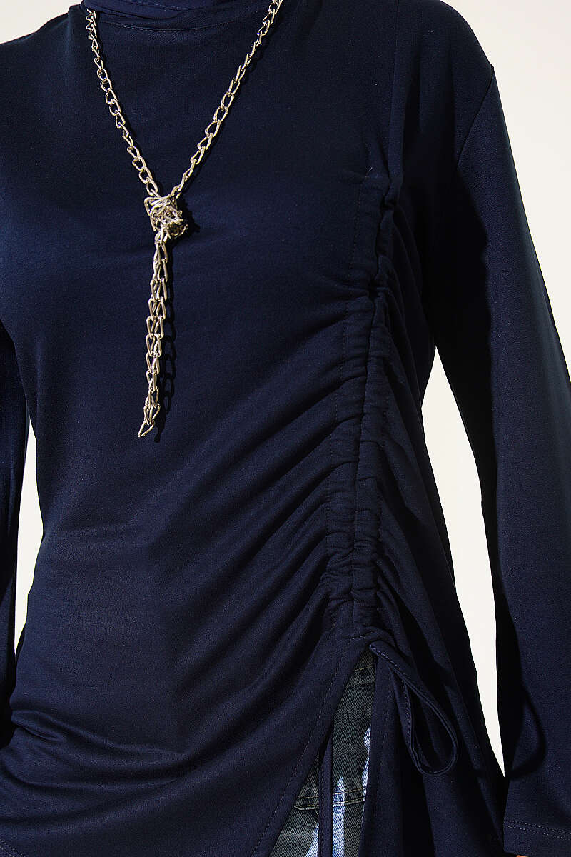 Tunic with Side Drawstring - Navy