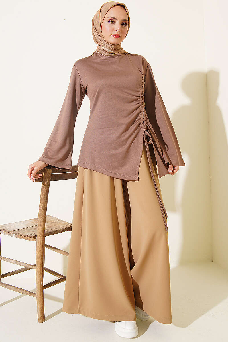 Tunic with Side Drawstring - Milk Coffee