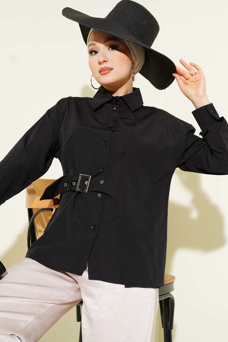 Shirt with Side Belt Detail - Black
