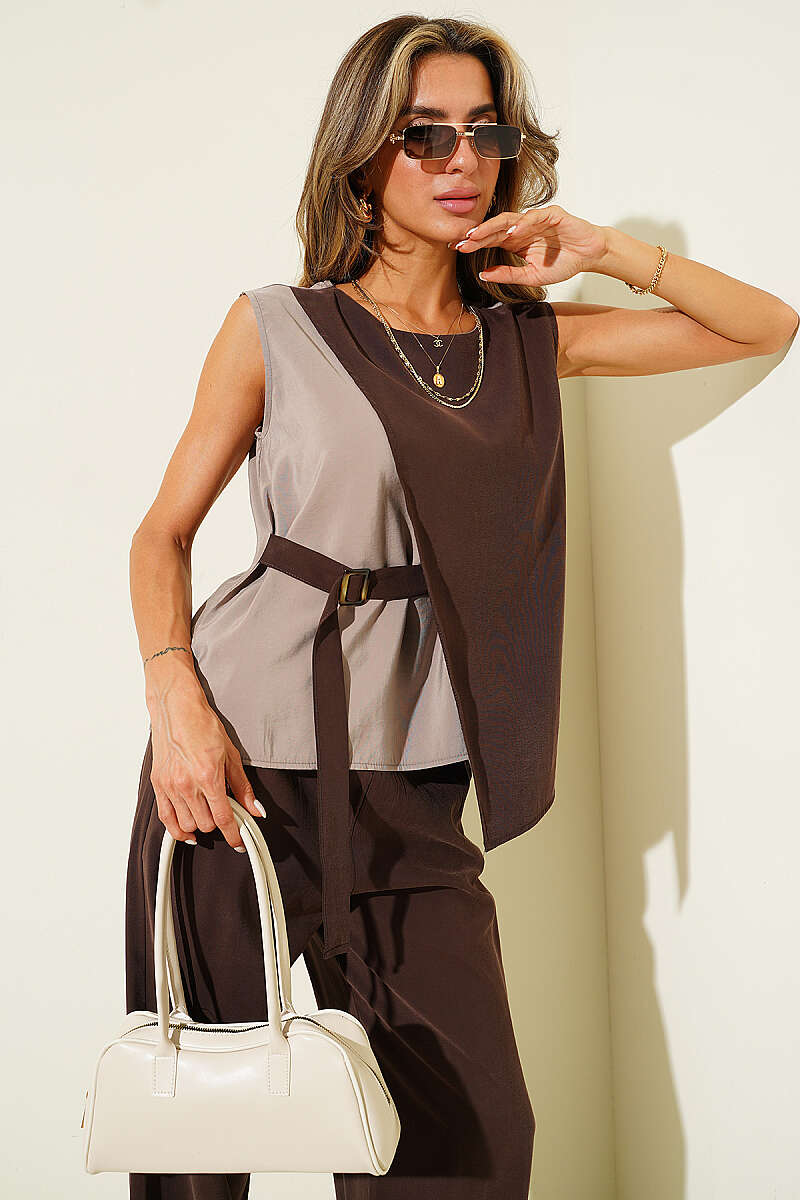 Sleeveless Two-Piece Set with Side Belt - Brown