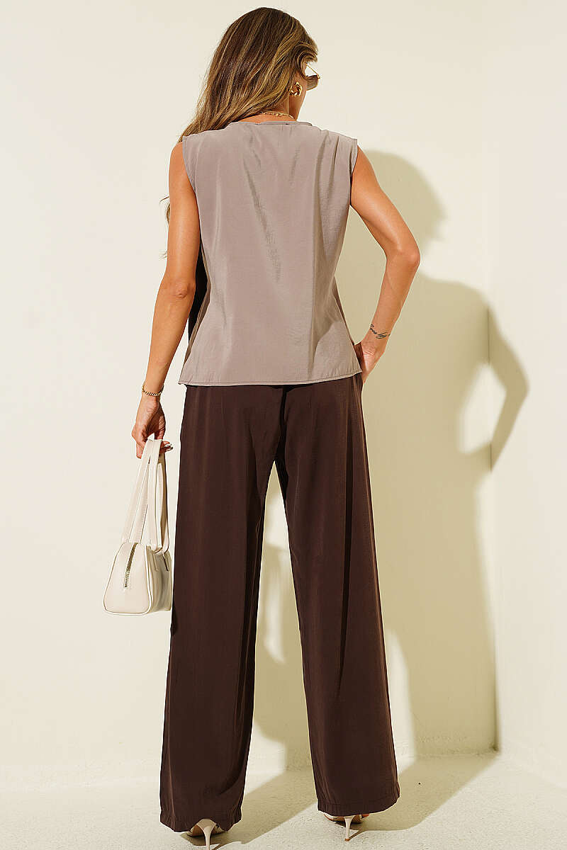 Sleeveless Two-Piece Set with Side Belt - Brown