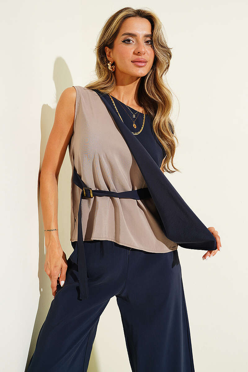Sleeveless Two-Piece Set with Side Belt - Navy