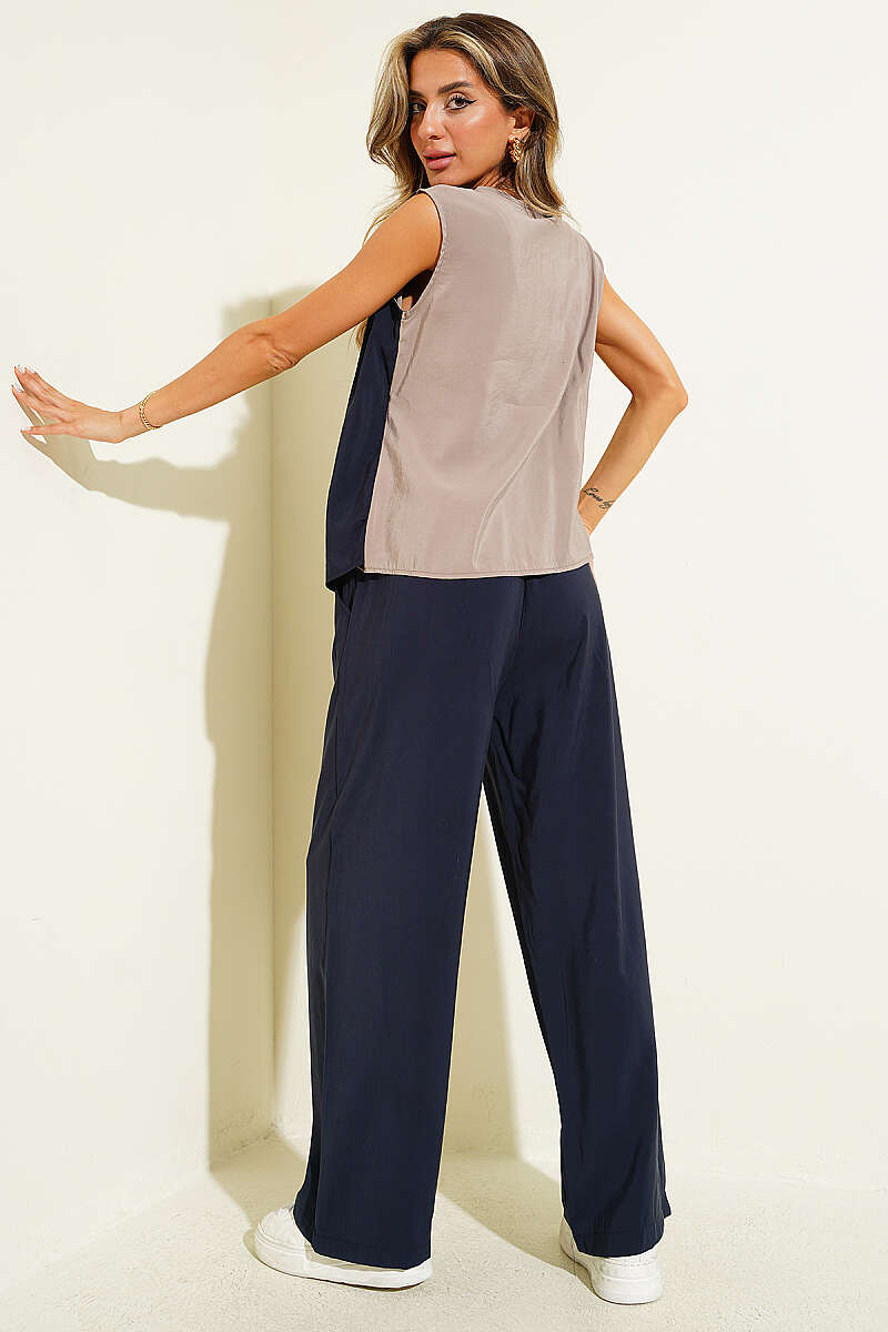 Sleeveless Two-Piece Set with Side Belt - Navy