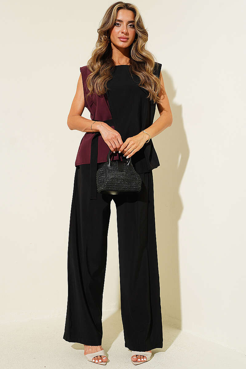 Sleeveless Two-Piece Set with Side Belt - Black
