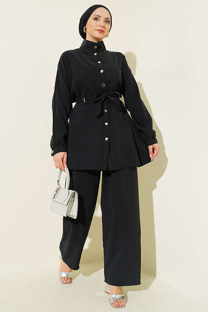 Tencel Two-Piece Set with Side Belt - Black