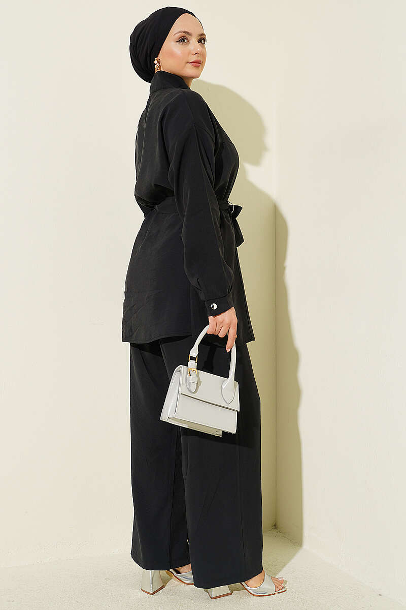 Tencel Two-Piece Set with Side Belt - Black