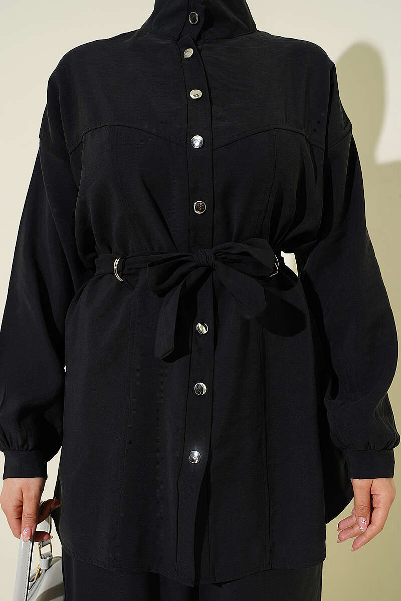 Tencel Two-Piece Set with Side Belt - Black