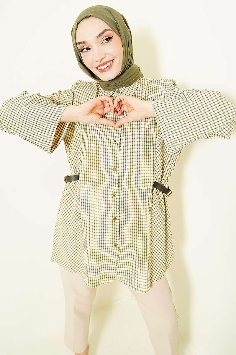 Belted Plaid Shirt with Side Elastic - Green