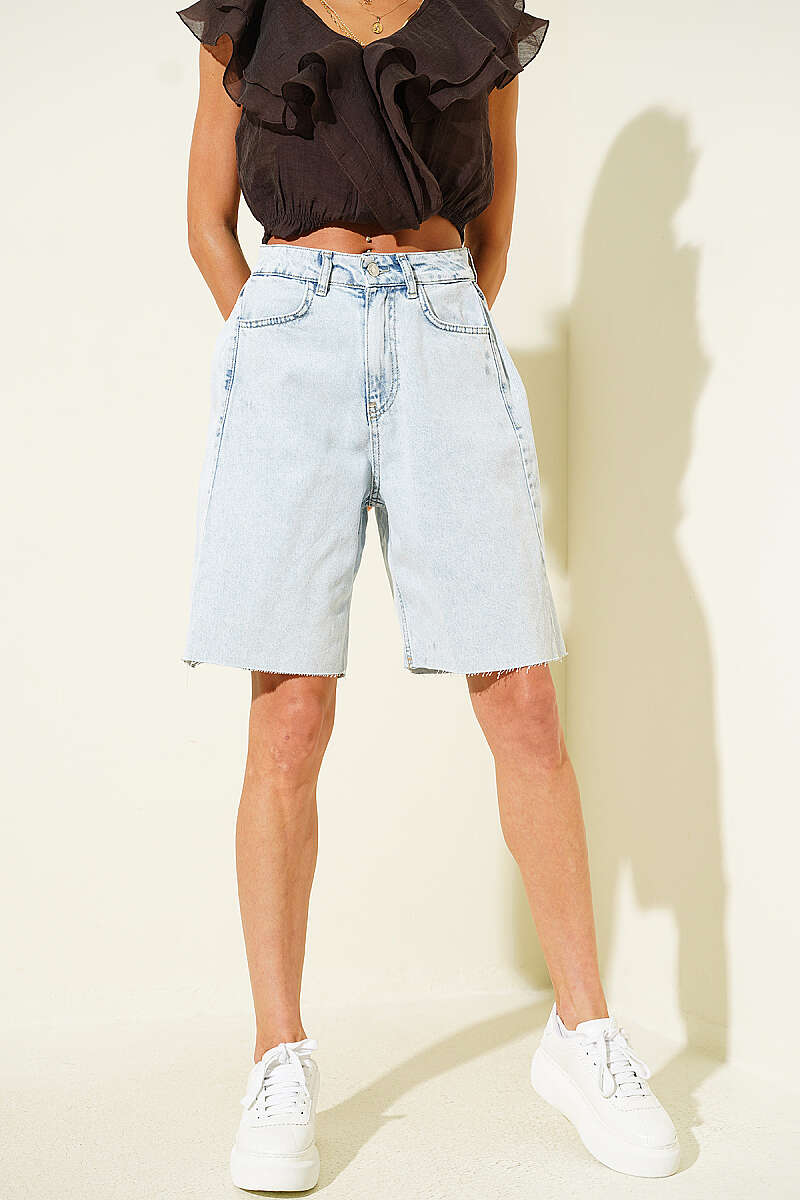 Denim Capris with Side Pleats - Ice Blue