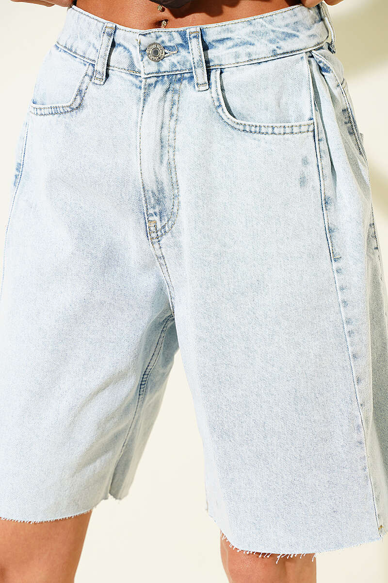 Denim Capris with Side Pleats - Ice Blue