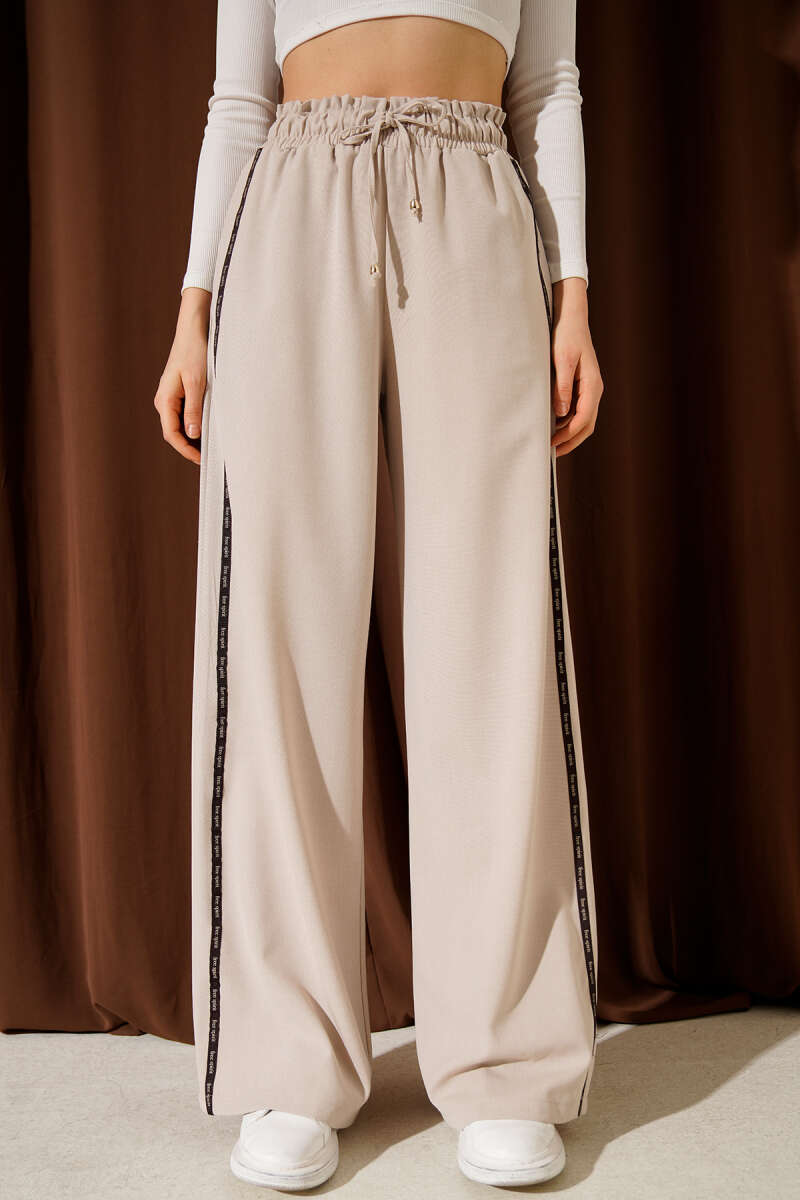 Palazzo Pants with Side Stripe and Elastic Waist - Beige