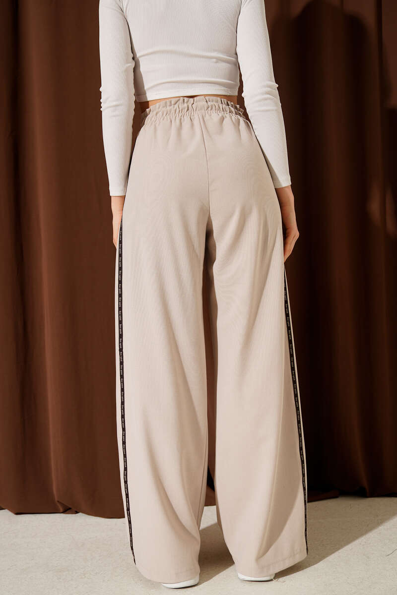 Palazzo Pants with Side Stripe and Elastic Waist - Beige