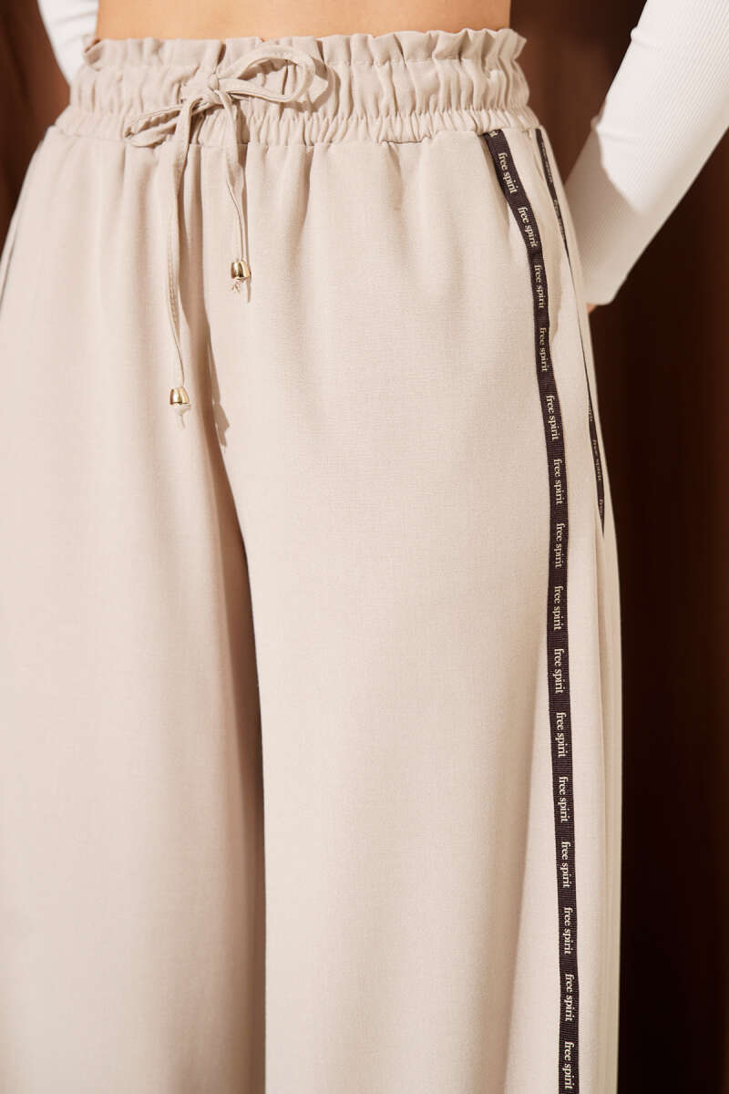 Palazzo Pants with Side Stripe and Elastic Waist - Beige