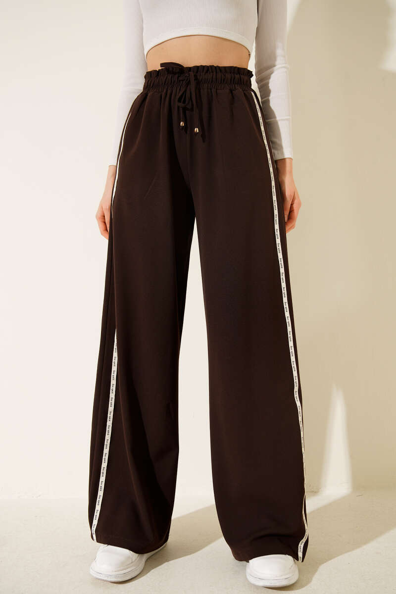 Palazzo Pants with Side Stripe and Elastic Waist - Brown