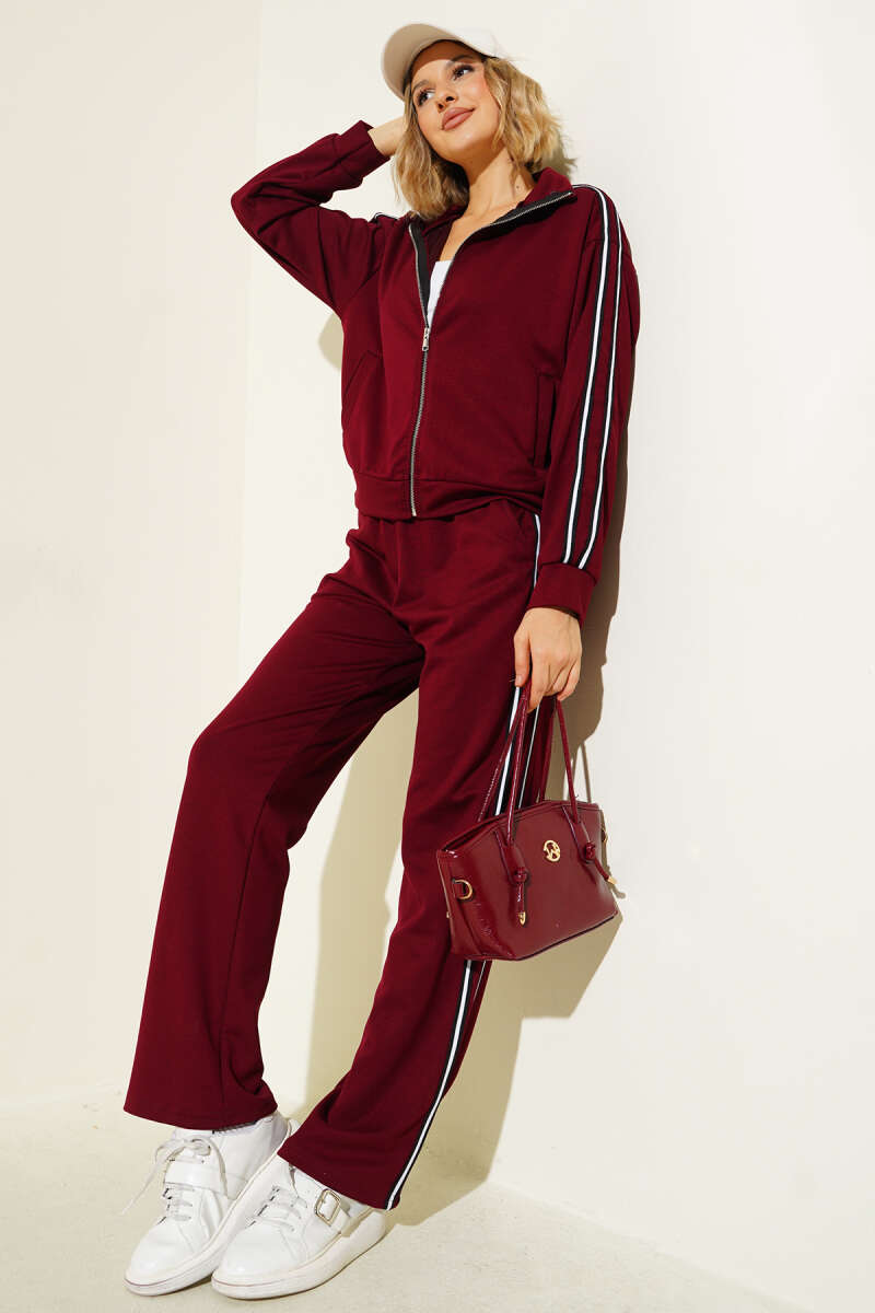 Zip Two-Piece Set with Side Stripes - Burgundy