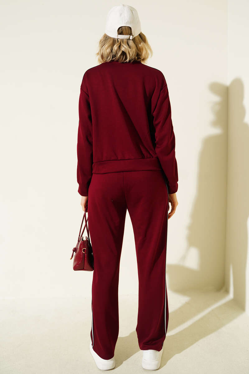 Zip Two-Piece Set with Side Stripes - Burgundy