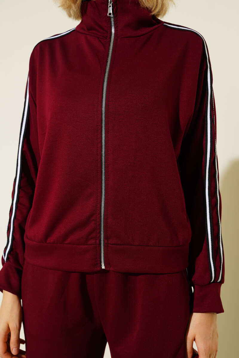 Zip Two-Piece Set with Side Stripes - Burgundy