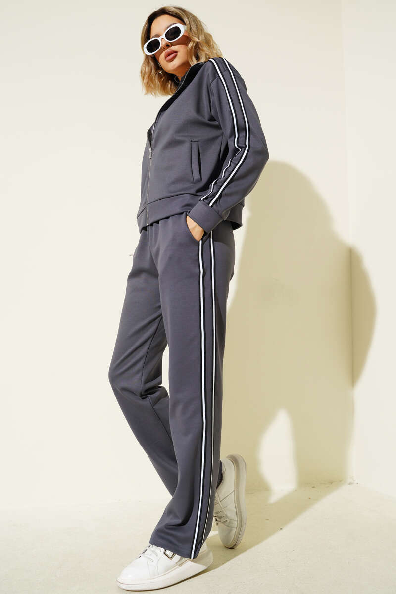Zip Two-Piece Set with Side Stripes - Smoke Grey