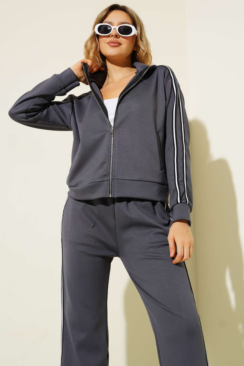 Zip Two-Piece Set with Side Stripes - Smoke Grey