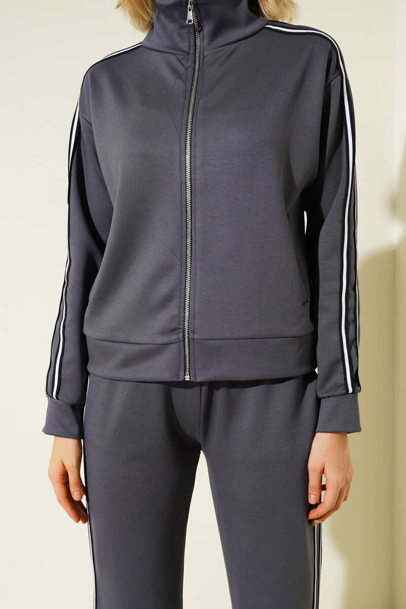 Zip Two-Piece Set with Side Stripes - Smoke Grey