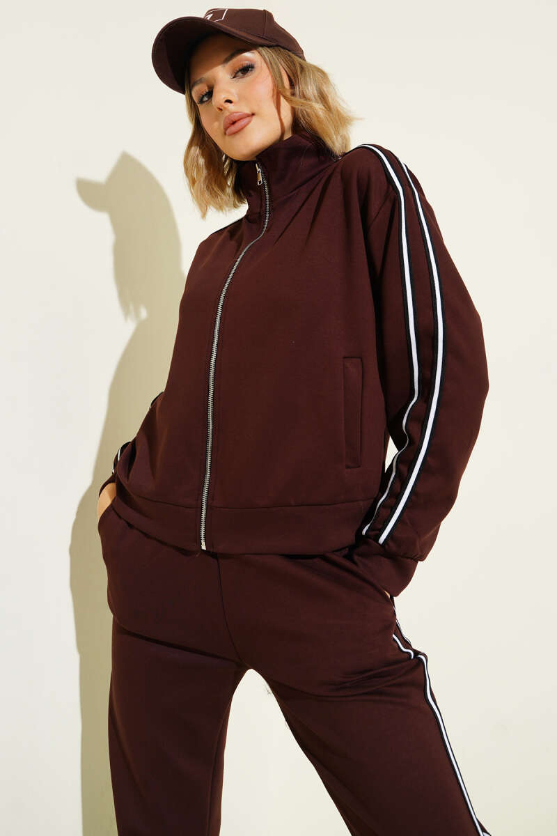 Zip Two-Piece Set with Side Stripes - Brown