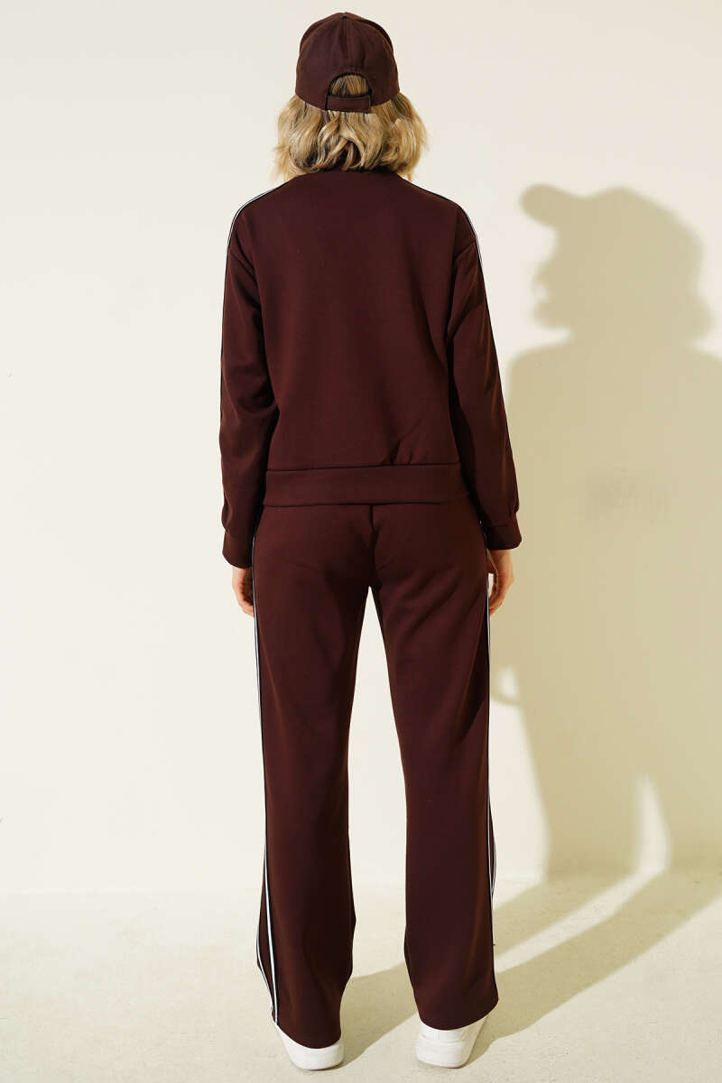 Zip Two-Piece Set with Side Stripes - Brown