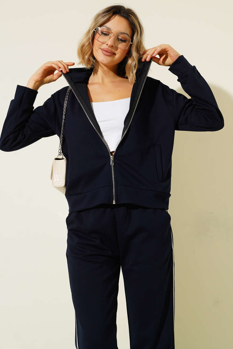 Zip Two-Piece Set with Side Stripes - Navy