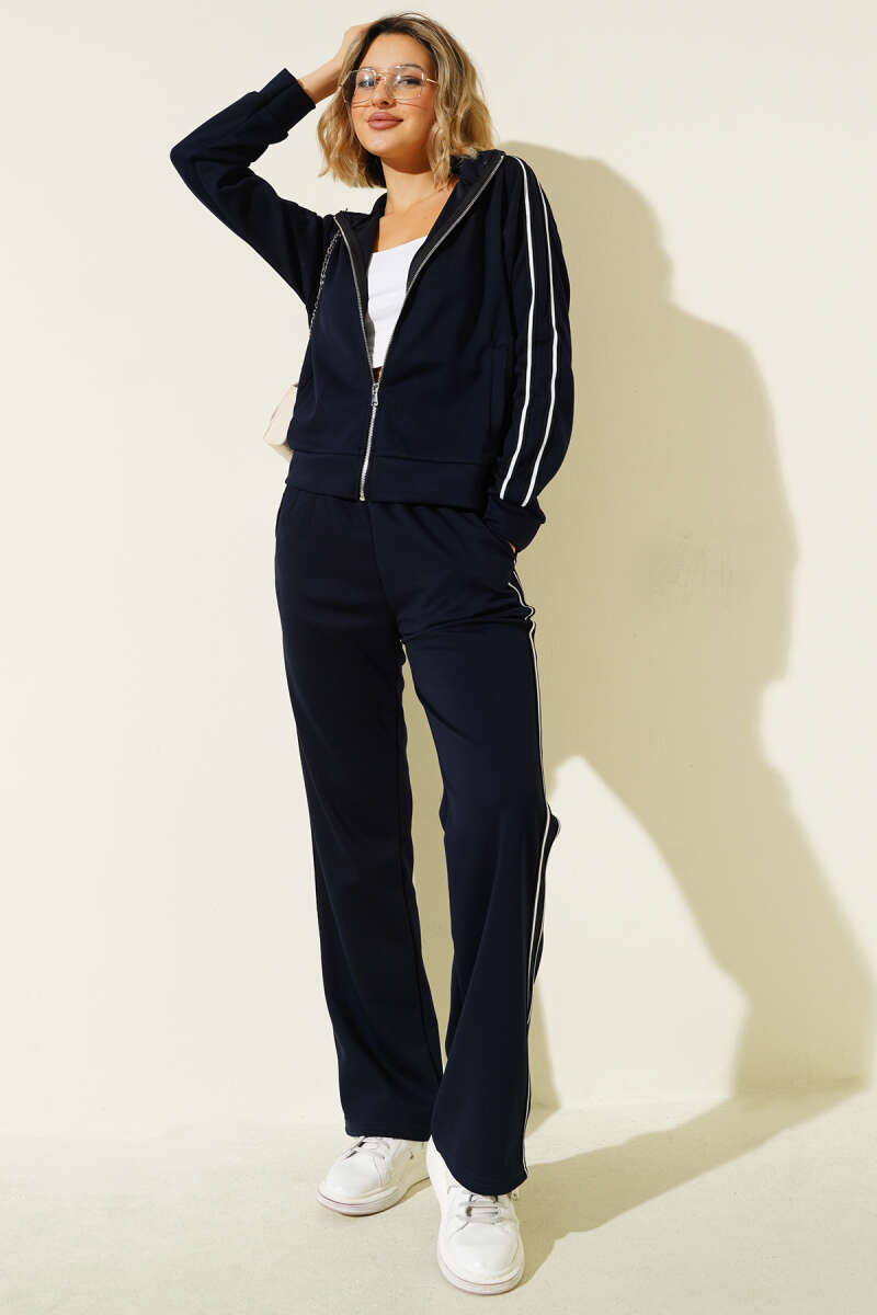Zip Two-Piece Set with Side Stripes - Navy