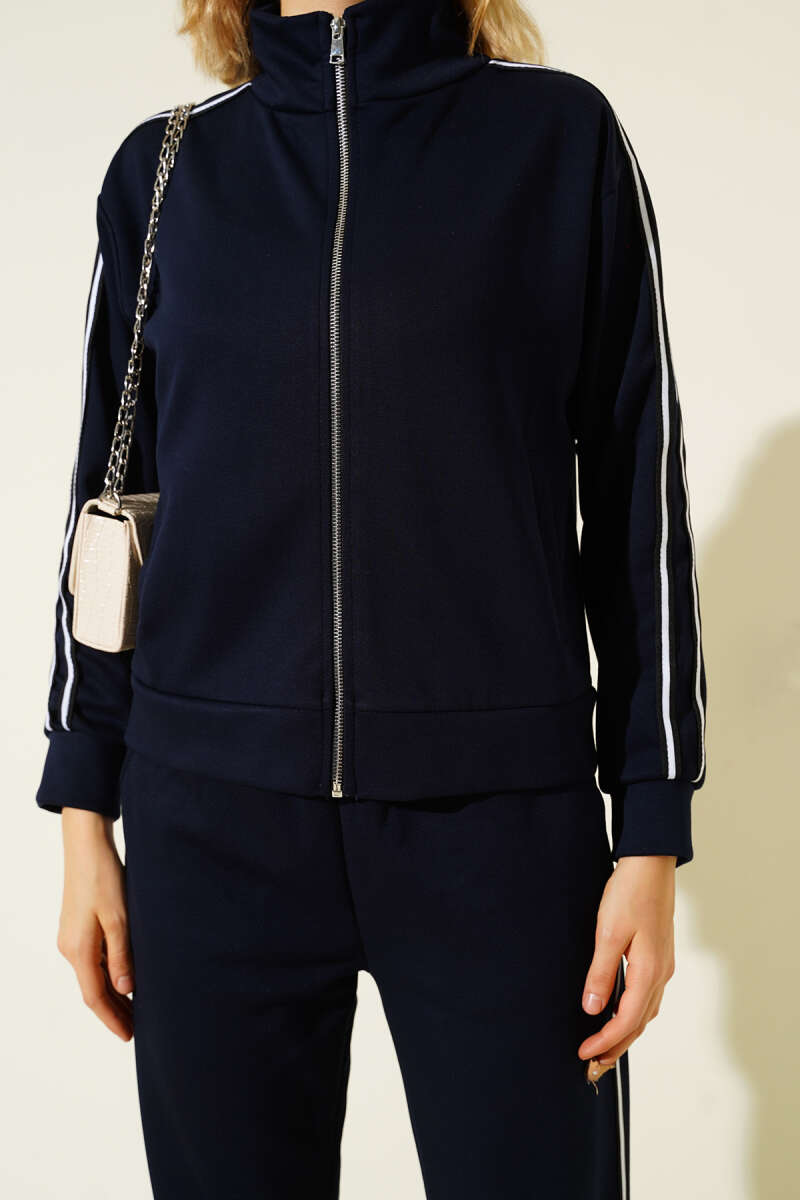 Zip Two-Piece Set with Side Stripes - Navy
