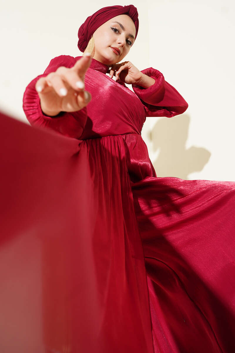 Ruched Evening Dress with Side Stones - Burgundy