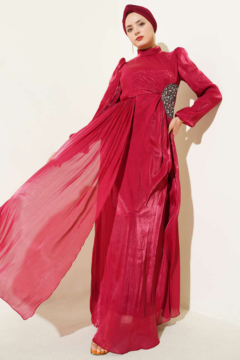 Ruched Evening Dress with Side Stones - Burgundy